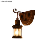 Nautical Wood Kerosene Lantern Wall Lamp: Brown Mount Light With Backplate