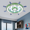 Nautical Wood Rudder Flushmount Ceiling Lamp - 8-Light Children’s Room Lighting In Green/Red With