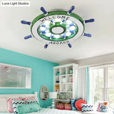 Nautical Wood Rudder Flushmount Ceiling Lamp - 8-Light Children’s Room Lighting In Green/Red With