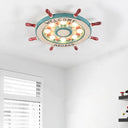 Nautical Wood Rudder Flushmount Ceiling Lamp - 8-Light Children’s Room Lighting In Green/Red With