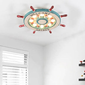 Nautical Wood Rudder Flushmount Ceiling Lamp - 8-Light Children’s Room Lighting In Green/Red With