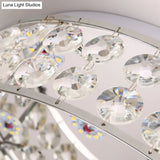 Nickel Led Round Flushmount Crystal Ceiling Light Fixture With Opal Glass Diffuser - Modern And