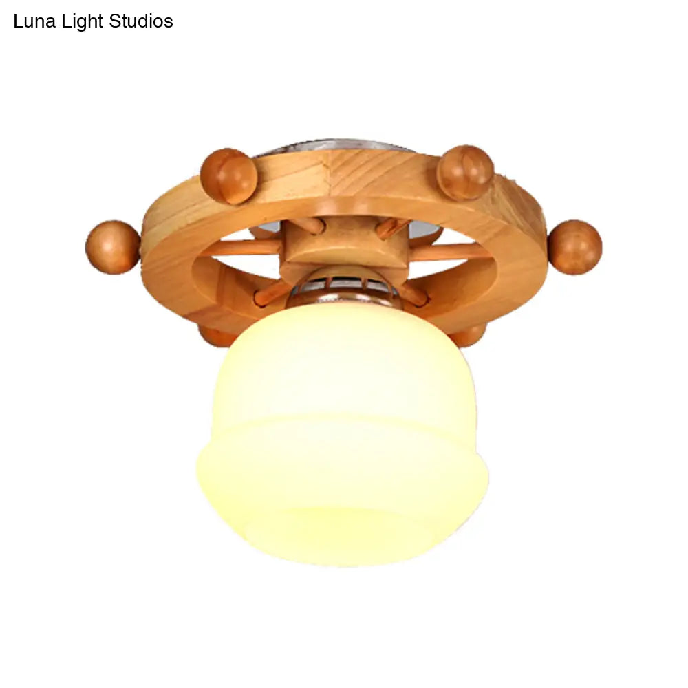 Nordic 1-Light White Glass Flushmount Ceiling Light With Wheel Backplate - Ideal For Bathrooms