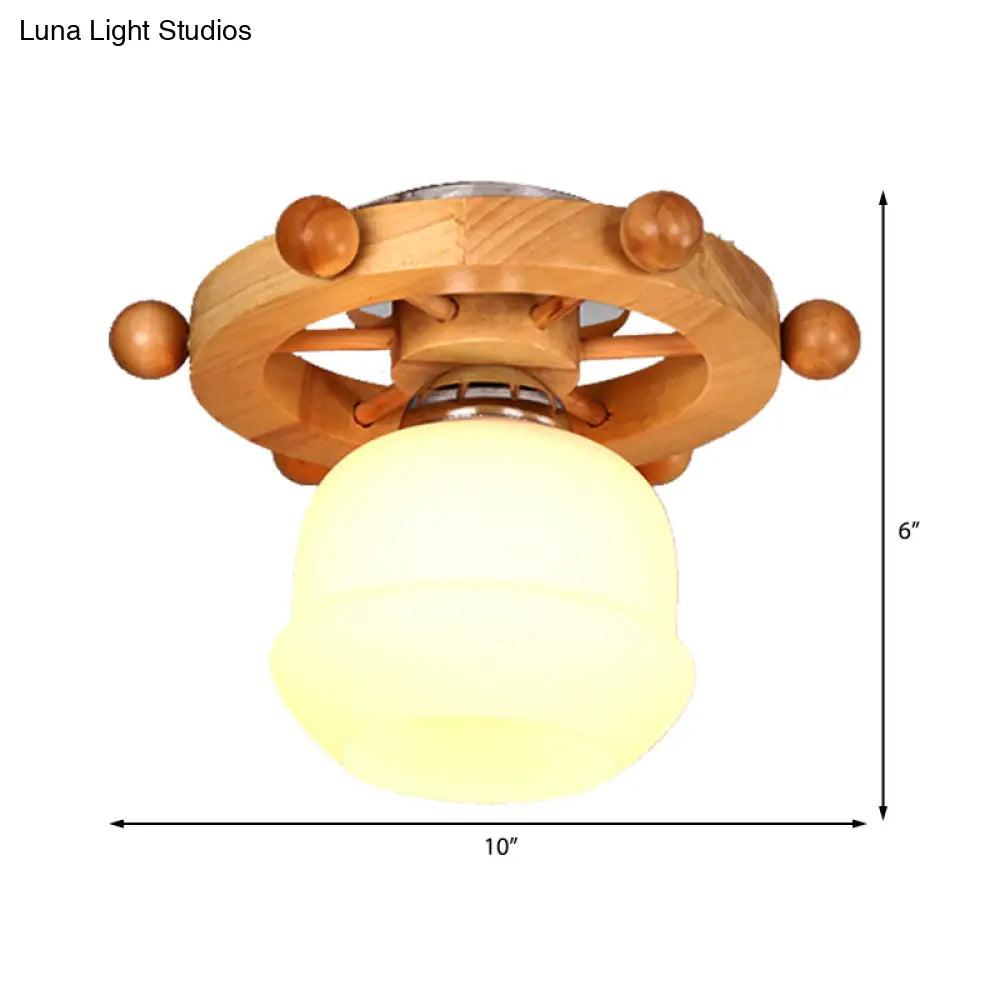 Nordic 1-Light White Glass Flushmount Ceiling Light With Wheel Backplate - Ideal For Bathrooms