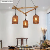 Nordic 3-Bulb Island Light Brown Branch Pendant With Wooden Shade - Perfect For Bedrooms