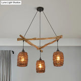 Nordic 3-Bulb Island Light Brown Branch Pendant With Wooden Shade - Perfect For Bedrooms