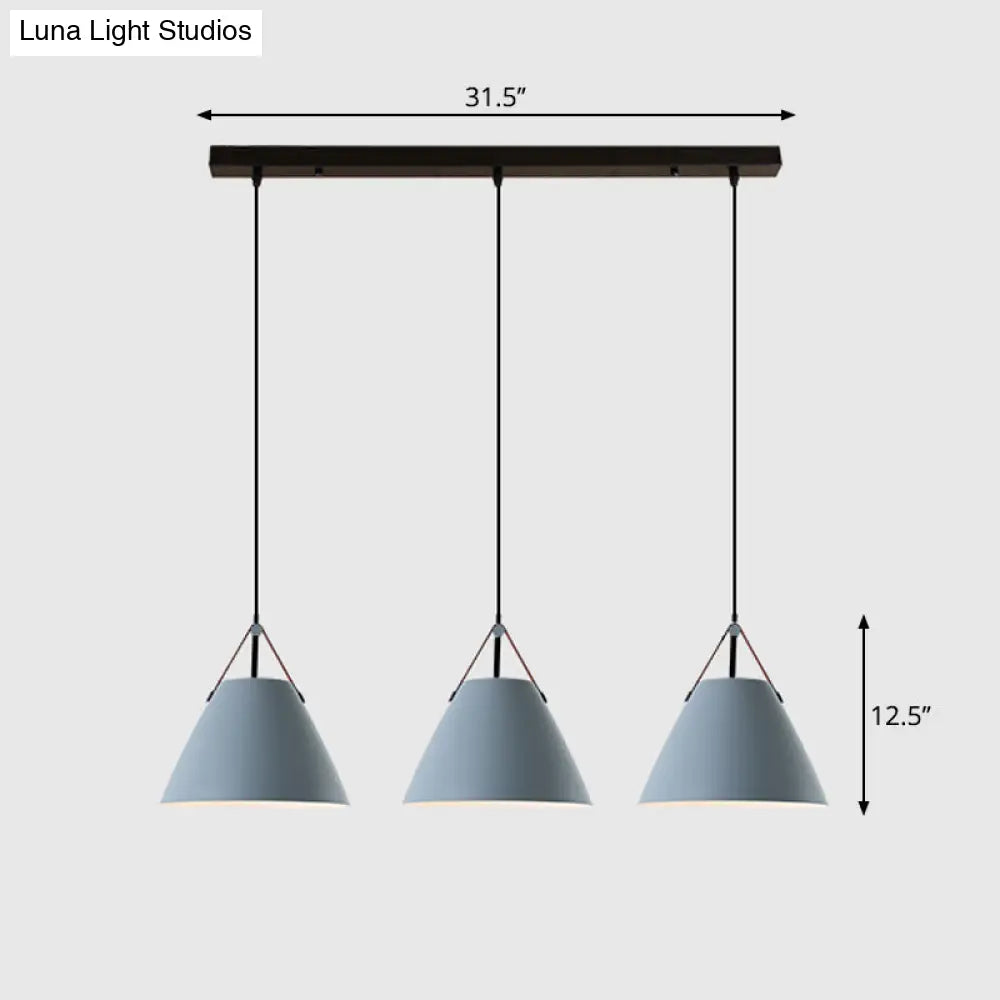 Nordic 3-Light Pendant Cluster With Conical Metal Shade & Leather Strap