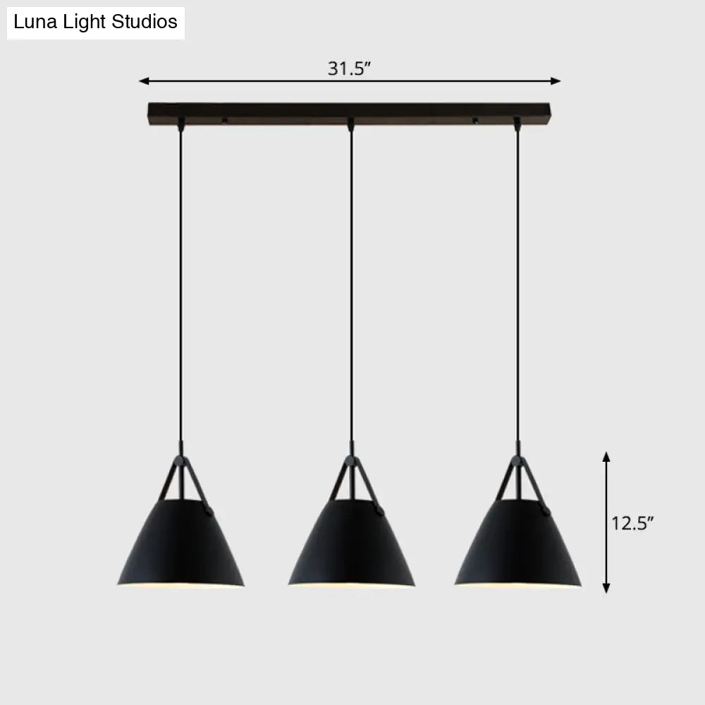 Nordic 3-Light Pendant Cluster With Conical Metal Shade & Leather Strap