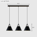 Nordic 3-Light Pendant Cluster With Conical Metal Shade & Leather Strap