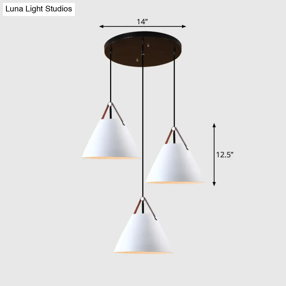 Nordic 3-Light Pendant Cluster With Conical Metal Shade & Leather Strap