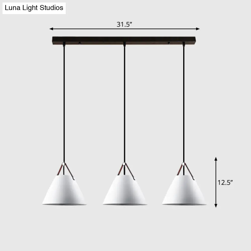 Nordic 3-Light Pendant Cluster With Conical Metal Shade & Leather Strap