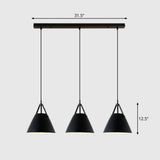 Nordic 3-Light Pendant Cluster With Conical Metal Shade & Leather Strap Black / Linear