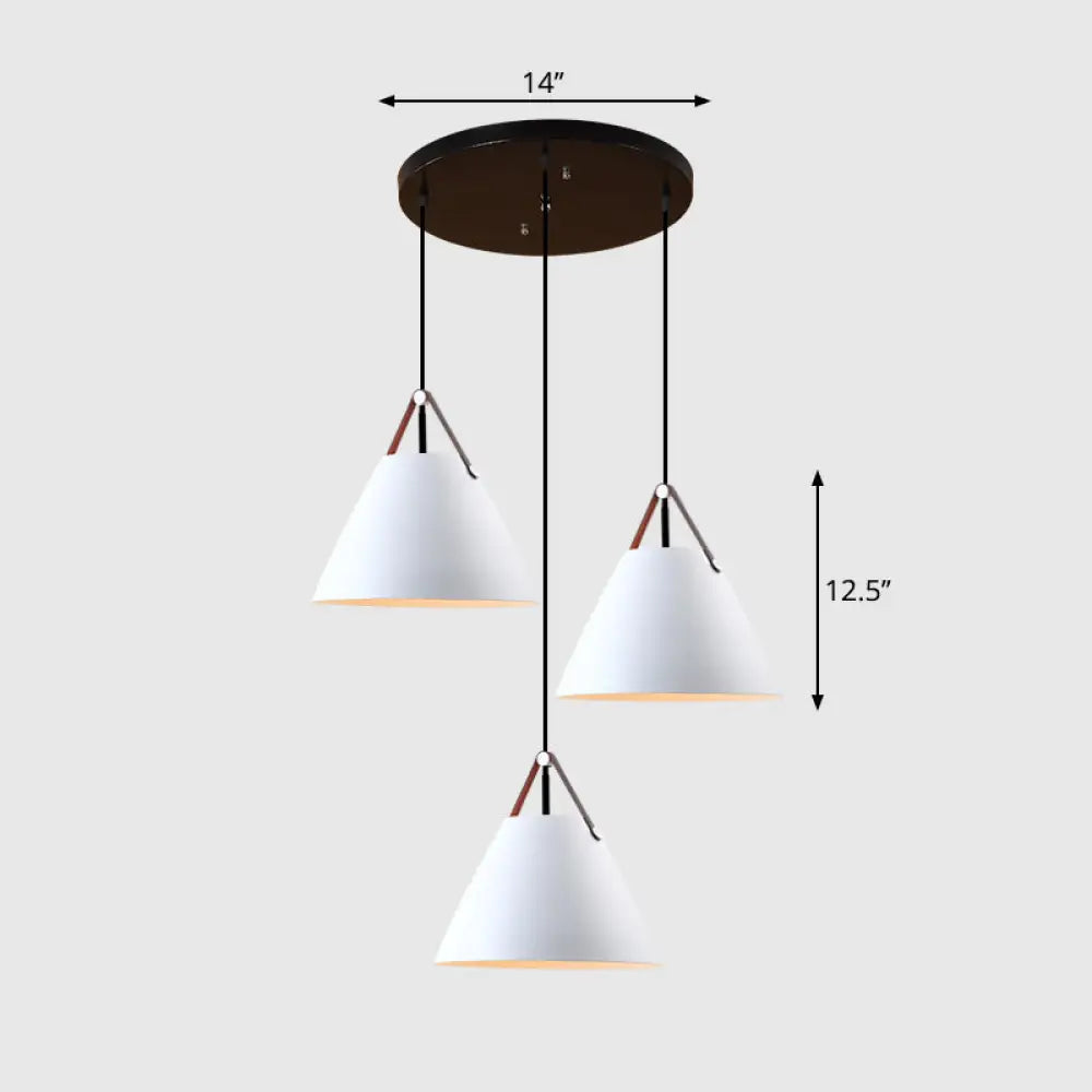 Nordic 3-Light Pendant Cluster With Conical Metal Shade & Leather Strap White / Round
