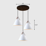 Nordic 3-Light Pendant Cluster With Conical Metal Shade & Leather Strap White / Round