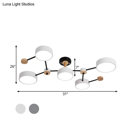Nordic 5-Bulb Semi Flush Ceiling Lamp With Vine Design In White/Grey