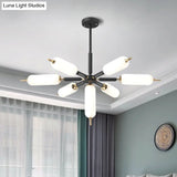 Nordic 7-Light Wooden Chandelier With Black Suspension And Matte Glass Shade
