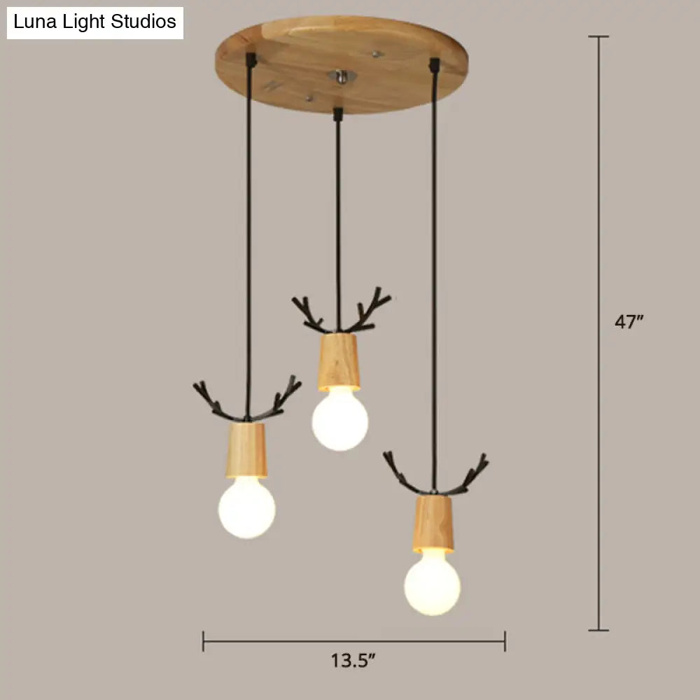 Nordic Antler Wooden 3-Light Hanging Pendant With Open Bulb Design For Restaurants