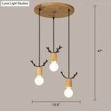 Nordic Antler Wooden 3-Light Hanging Pendant With Open Bulb Design For Restaurants