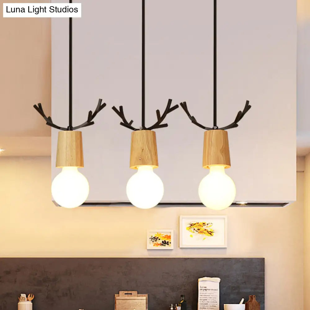 Nordic Antler Wooden 3-Light Hanging Pendant With Open Bulb Design For Restaurants