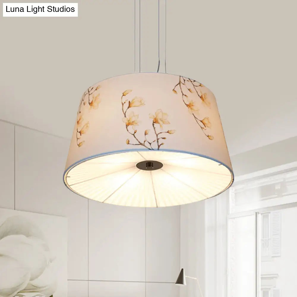 Nordic Apricot Design Drum Chandelier - 4 Light Pendant For Living Room In White/Blue/Beige Fabric