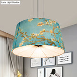 Nordic Apricot Design Drum Chandelier - 4 Light Pendant For Living Room In White/Blue/Beige Fabric