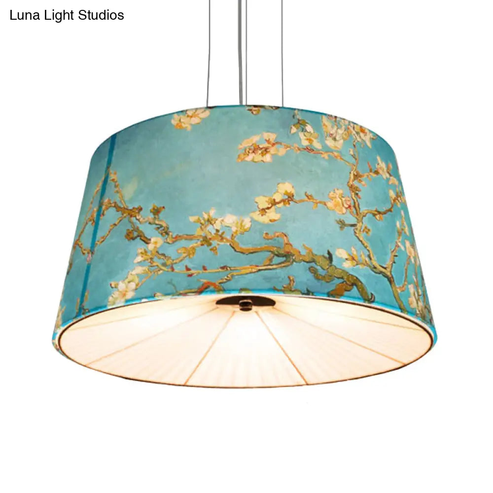 Nordic Apricot Design Drum Chandelier - 4 Light Pendant For Living Room In White/Blue/Beige Fabric