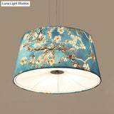 Nordic Apricot Design Drum Chandelier - 4 Light Pendant For Living Room In White/Blue/Beige Fabric