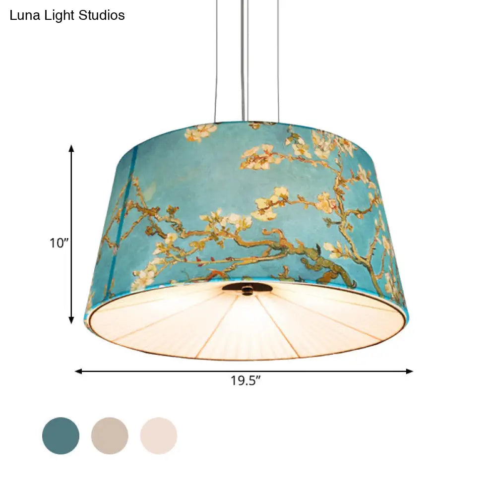 Nordic Apricot Design Drum Chandelier - 4 Light Pendant For Living Room In White/Blue/Beige Fabric