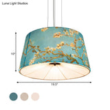 Nordic Apricot Design Drum Chandelier - 4 Light Pendant For Living Room In White/Blue/Beige Fabric