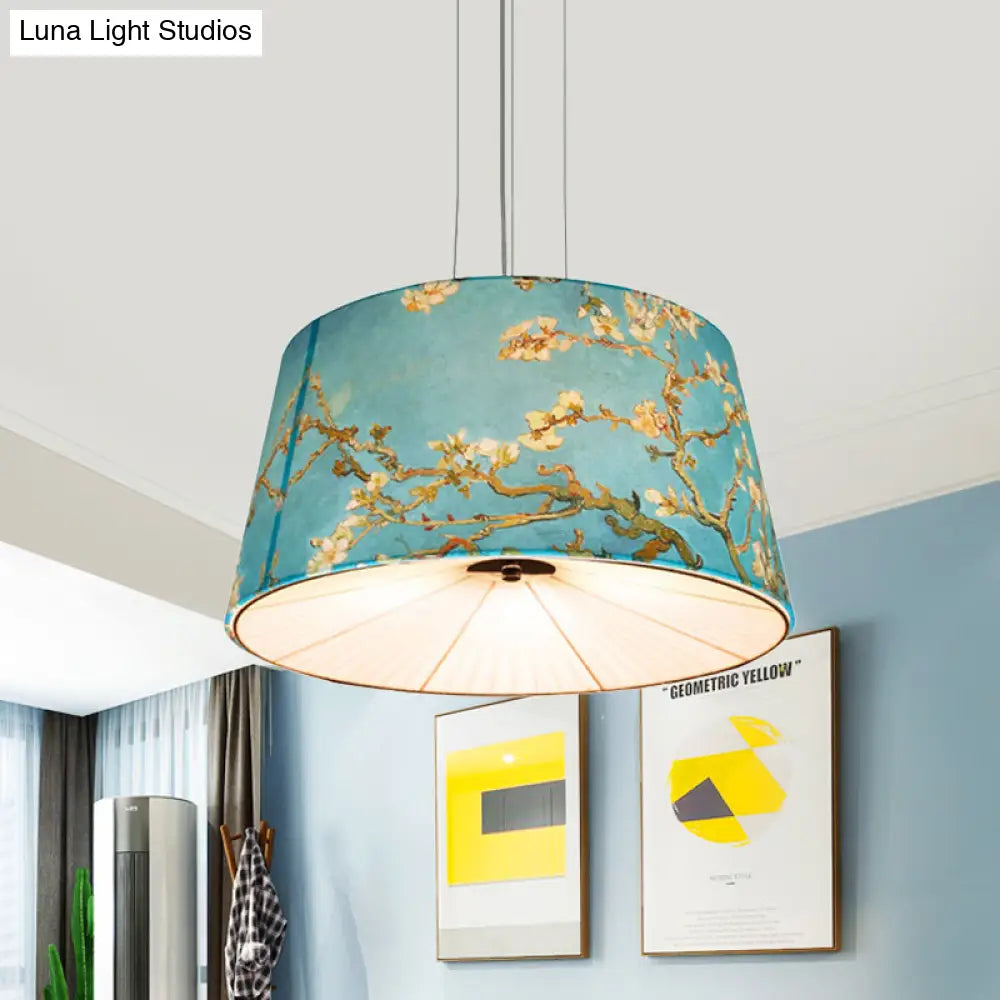Nordic Apricot Design Drum Chandelier - 4 Light Pendant For Living Room In White/Blue/Beige Fabric