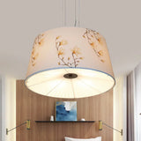 Nordic Apricot Design Drum Chandelier - 4 Light Pendant For Living Room In White/Blue/Beige Fabric
