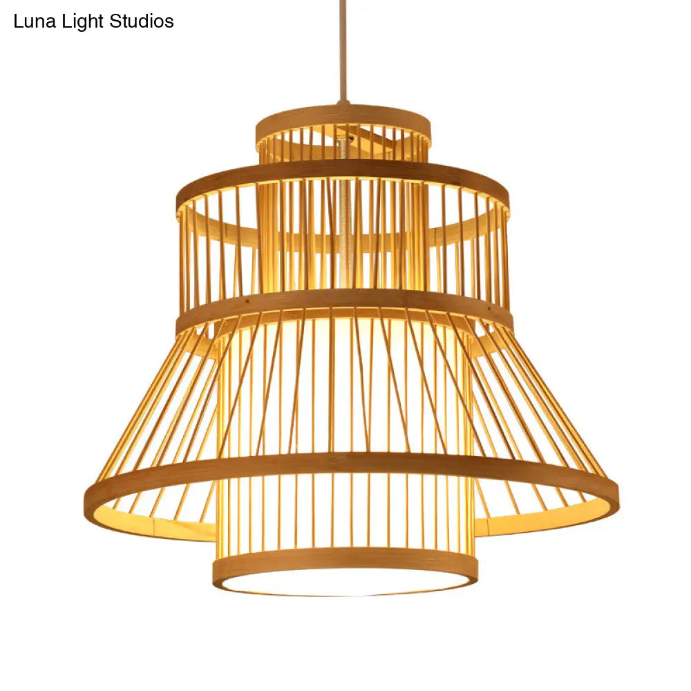 Nordic Bamboo Pendant Light Fixture - Wood Flared Design For Diners