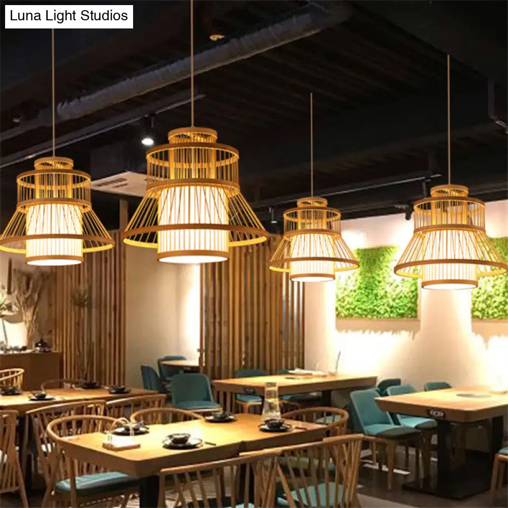 Nordic Bamboo Pendant Light Fixture - Wood Flared Design For Diners