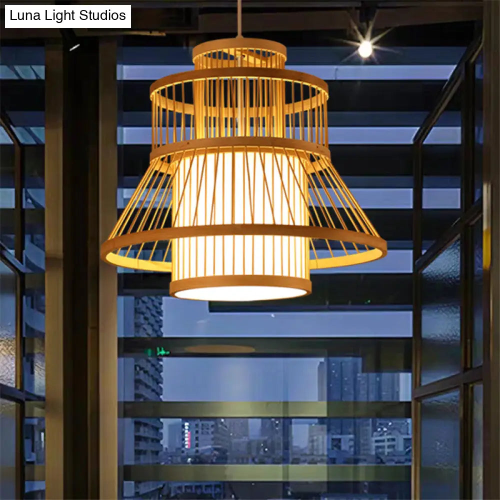 Nordic Bamboo Pendant Light Fixture - Wood Flared Design For Diners