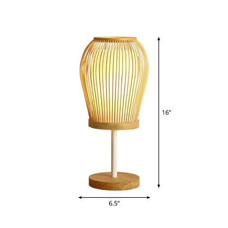 Nordic Bamboo Table Light With Fabric Inner Shade - Wood Cage Night Lamp Single-Bulb / 16
