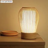 Nordic Bamboo Table Light With Fabric Inner Shade - Wood Cage Night Lamp Single-Bulb