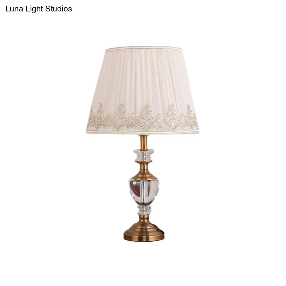 Nordic Beige Bedside Task Lamp With Tapered Fabric Shade - 1 Bulb Nightstand Light