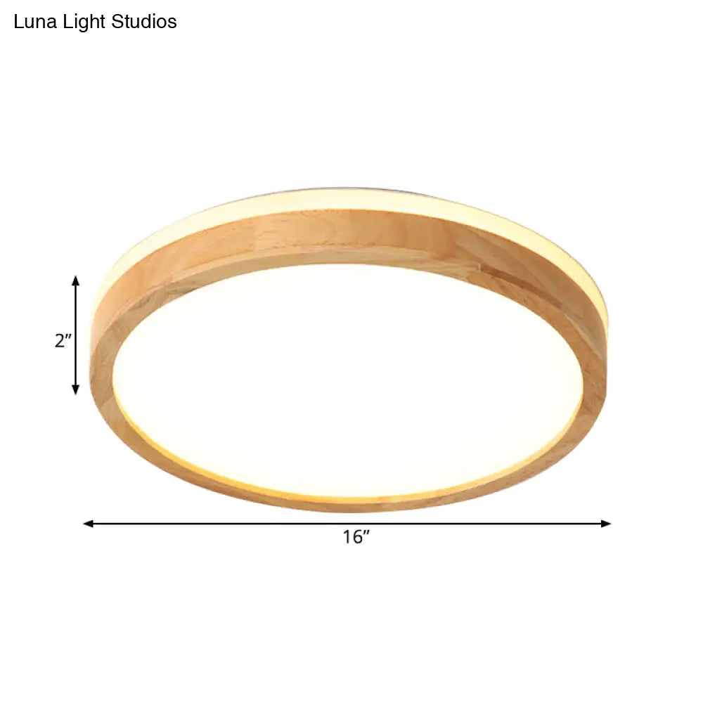 Nordic Beige Led Flushmount Ceiling Light With Wood Tambour Design & Recessed Diffuser -