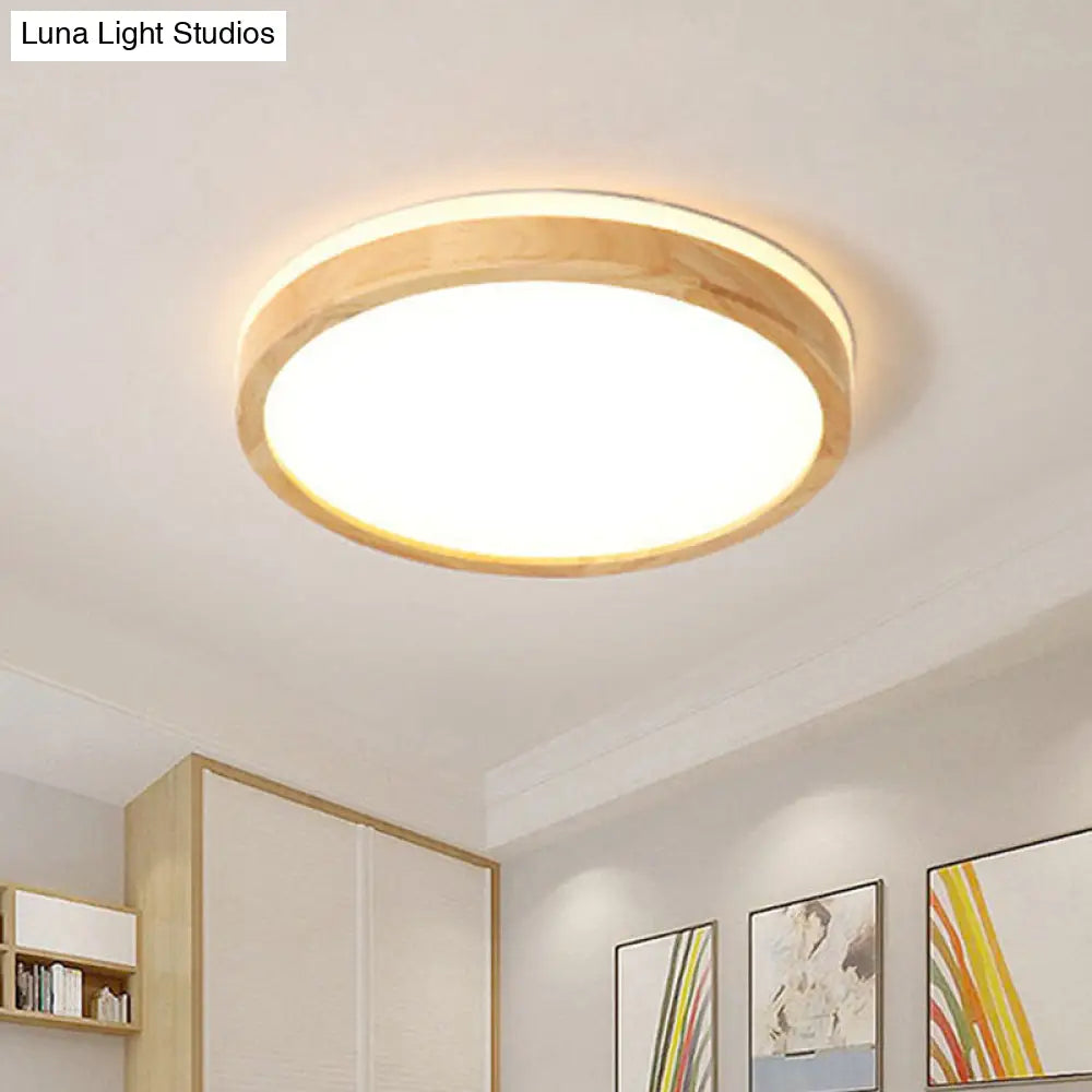 Nordic Beige Led Flushmount Ceiling Light With Wood Tambour Design & Recessed Diffuser -
