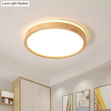 Nordic Beige Led Flushmount Ceiling Light With Wood Tambour Design & Recessed Diffuser -