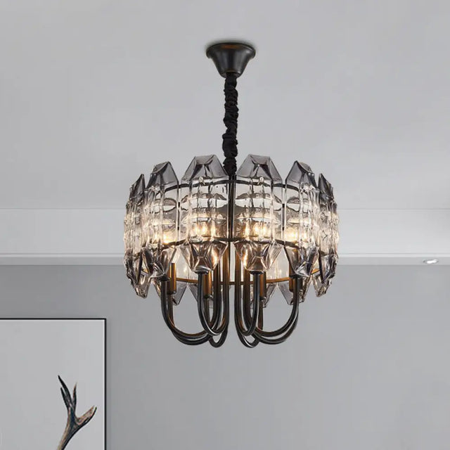 Nordic Black Drum Suspension Chandelier With Crystal Prisms - 8-Bulb Hanging Light For Bedrooms