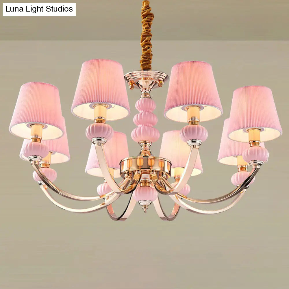 Nordic Chandelier Light: Conical Child Bedroom Hanging Lamp With Elegant Pleated Fabric And Arc Arm