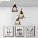Nordic Cone Ceiling Light - 3 Head Metal And Wood Pendant Lighting With Wire Frame Linear/Round