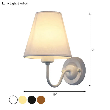 Nordic Cone Wall Lamp - 1-Light Fabric Lighting With Curved Arm In Black/White Black/Brown/Beige