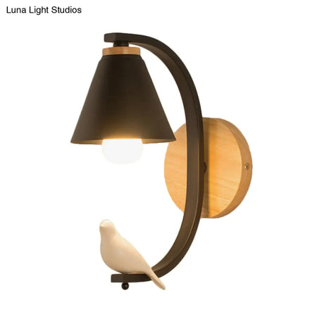 Nordic Conical Wall Light With Bird Design - 1 Head Metal Sconce For Bedroom And Hallway