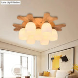 Nordic Cream Glass Bell Flush Ceiling Light With Antler Top And Wood Accents