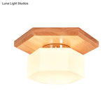 Nordic Cream Glass Hexagon Flush Ceiling Light With Wood Canopy - 1 Flushmount Lighting