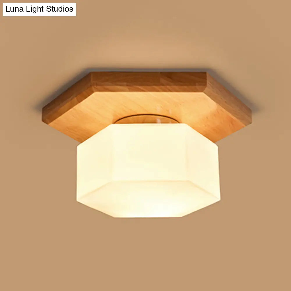 Nordic Cream Glass Hexagon Flush Ceiling Light With Wood Canopy - 1 Flushmount Lighting