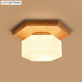 Nordic Cream Glass Hexagon Flush Ceiling Light With Wood Canopy - 1 Flushmount Lighting