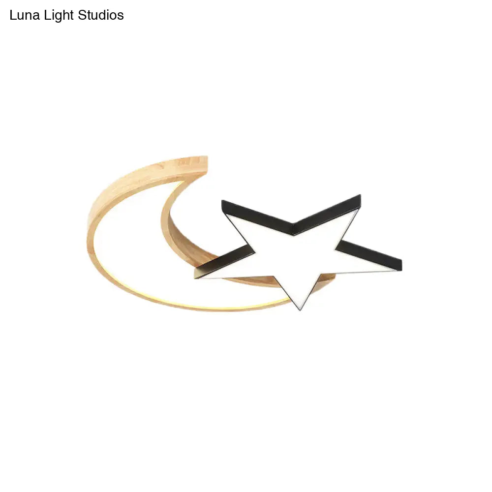 Nordic Crescent & Moon Led Ceiling Light For Kindergarten - Acrylic Wood Finish